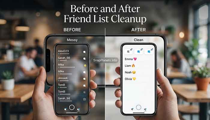 A comparison showing a cluttered Snapchat friend list versus an organized one.