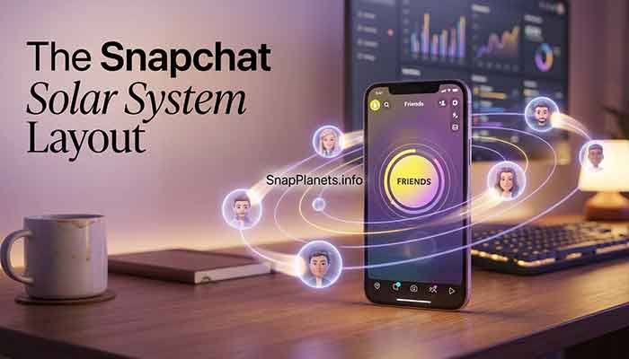 A 3D illustration representing the Snapchat Friend Solar System on a smartphone.