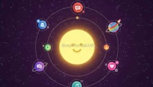 A 3D illustration of the Snapchat Plus Solar System showing the Sun and orbiting planets, Snapchat Solar System Sun.