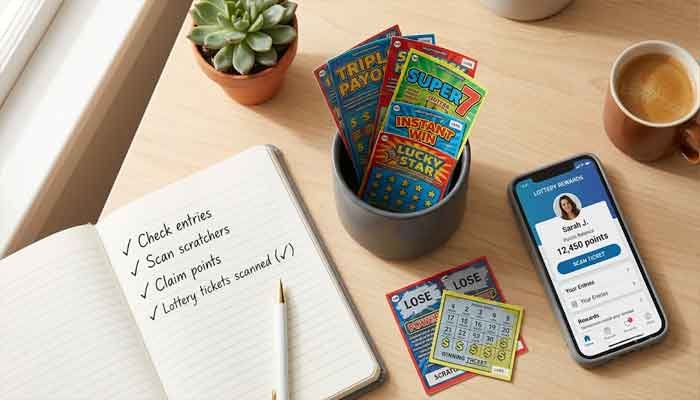 Flat lay of scratch off tickets and smartphone for tracking NC Lottery Lucke Rewards points