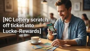 Man scanning NC Lottery scratch off ticket into Lucke-Rewards app at coffee shop