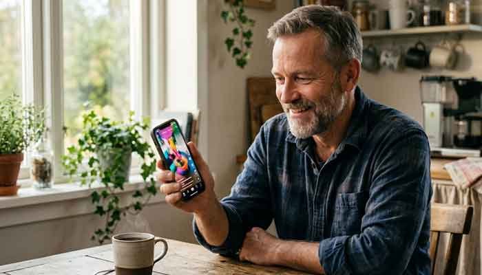 Man learning how to use TikTok on his smartphone at home