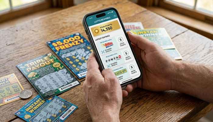 NC Lottery Lucke-Rewards points dashboard on smartphone with scratch tickets
