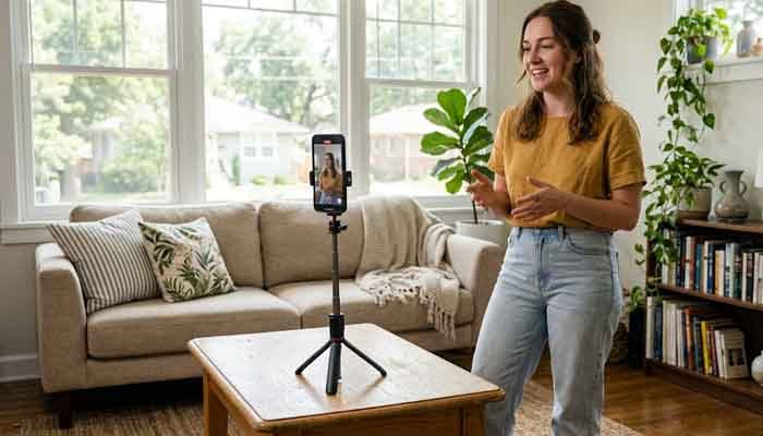 Person recording a TikTok video at home using a tripod