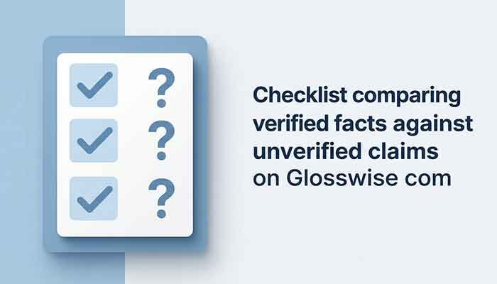 Checklist comparing verified facts against unverified claims on Glossywise com