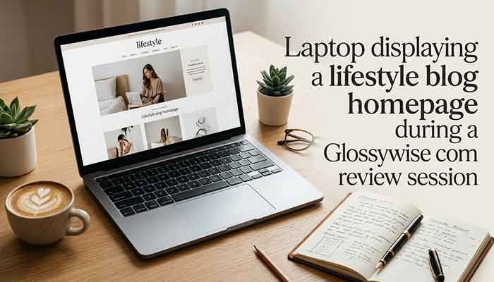 Laptop displaying a lifestyle blog homepage during a Glossywise com review session