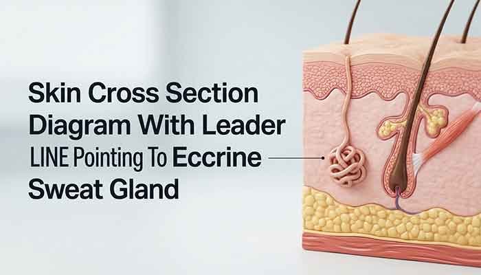 Skin Cross Section Diagram With Leader LINE Pointing To Eccrine Sweat Gland